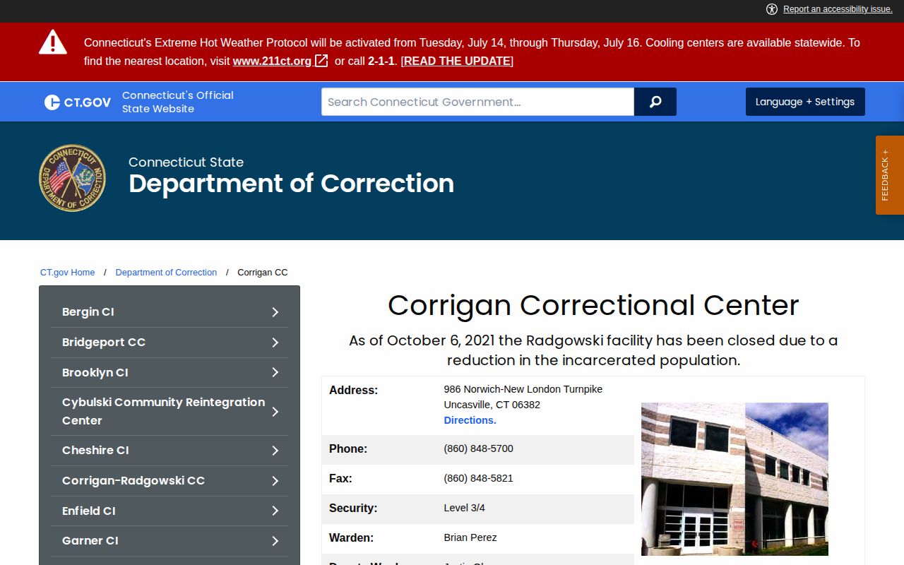 Connecticut DOC Corrigan Correctional Center official facility page