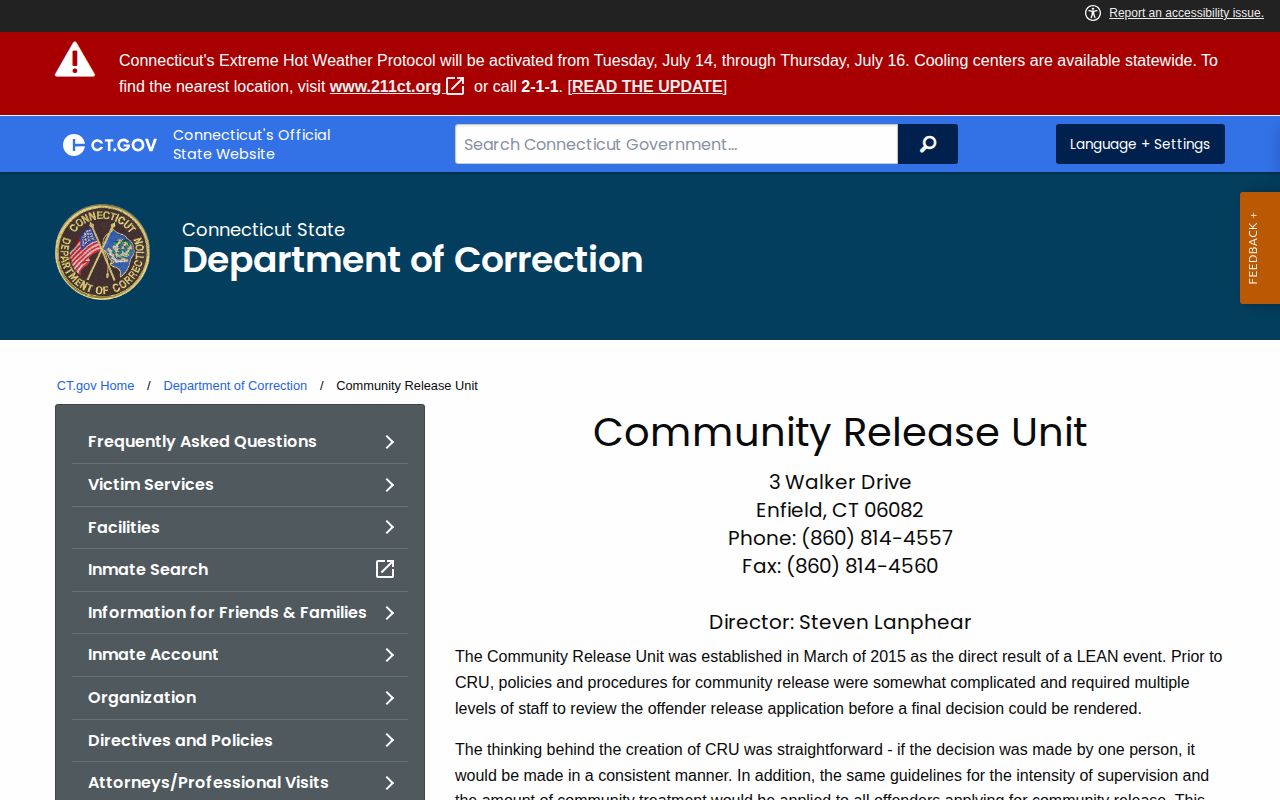 Connecticut DOC Community Release Unit information for Corrigan release paths