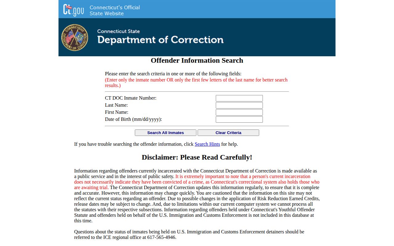 New London County released inmate CT DOC search form