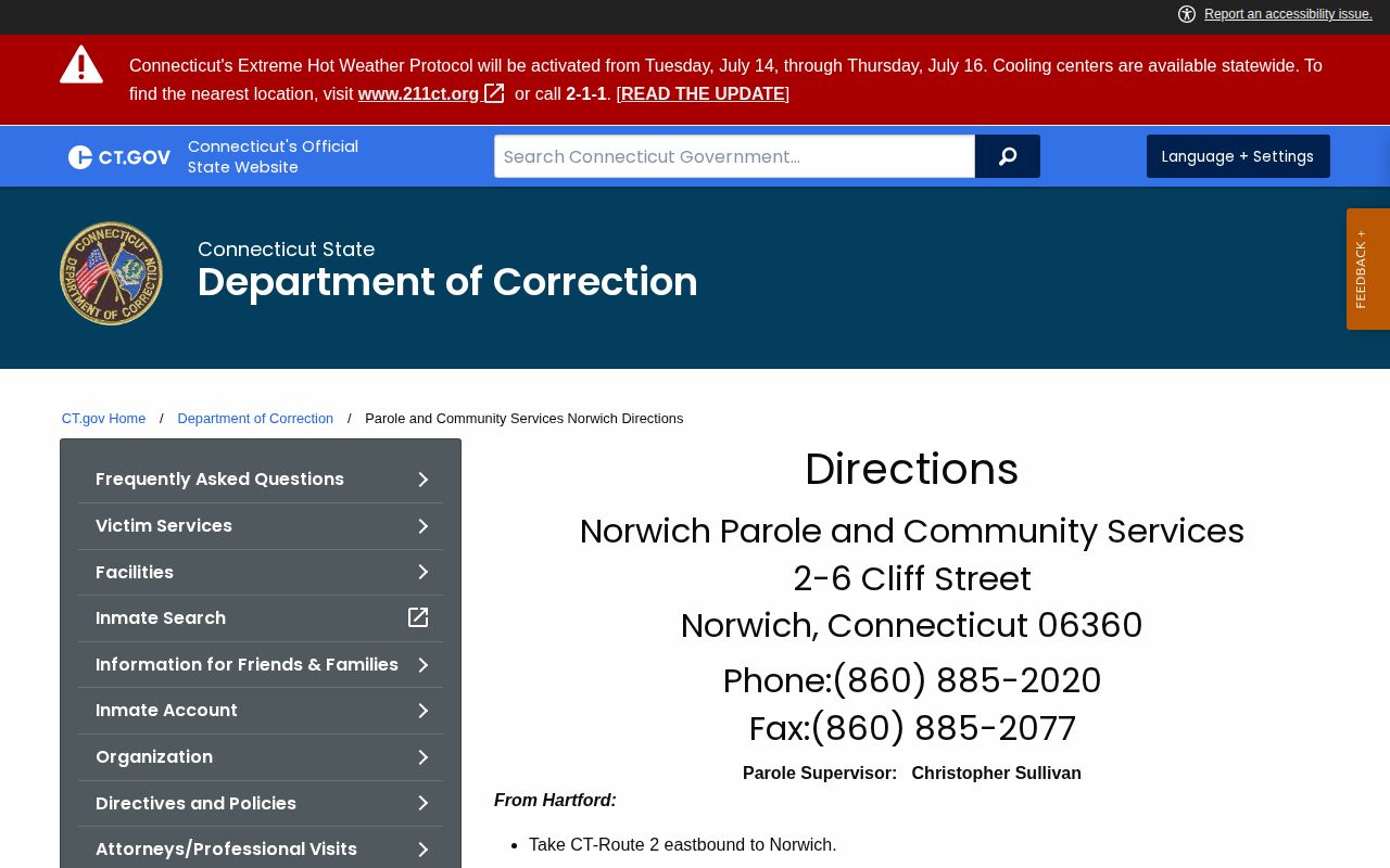 New London County parole and probation Norwich supervision office page