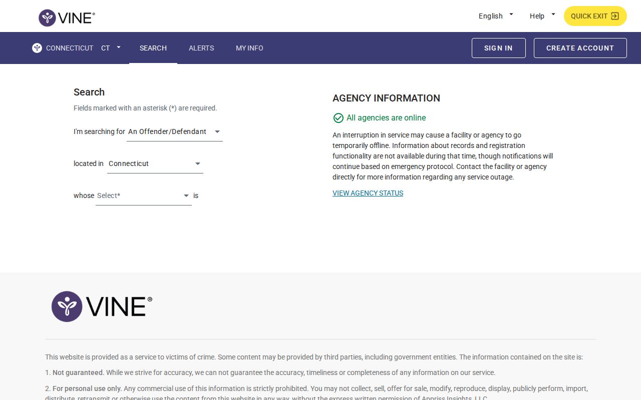 VINELink search form for a New London County inmate release check